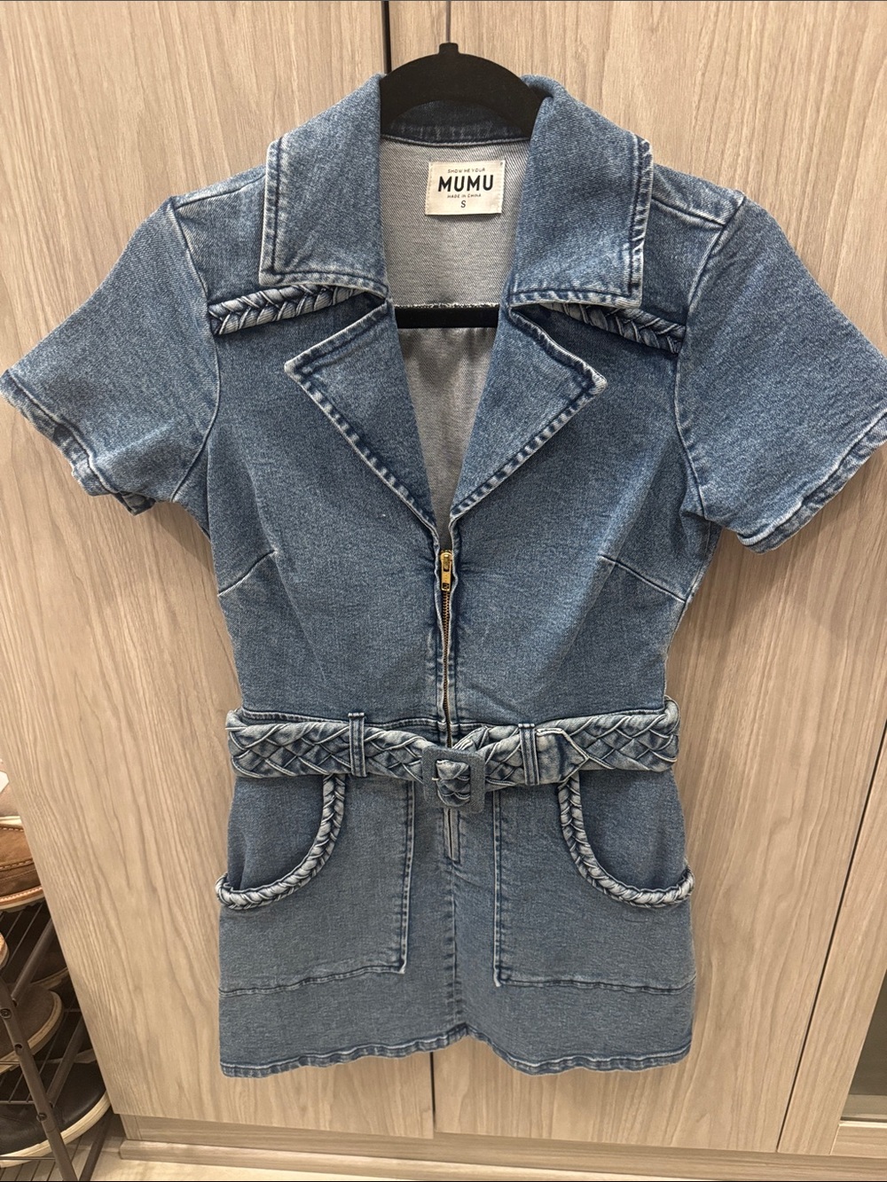 Show Me Your MuMu Blue Denim Zip-Front Mini Dress with Braided Belt - Picture 5 of 6